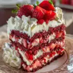 Strawberry Earthquake Cake – Easy Dessert Recipe 62 Easy strawberry earthquake cake recipe with whipped cream, strawberry preserves, and red velvet layers served on a plate.