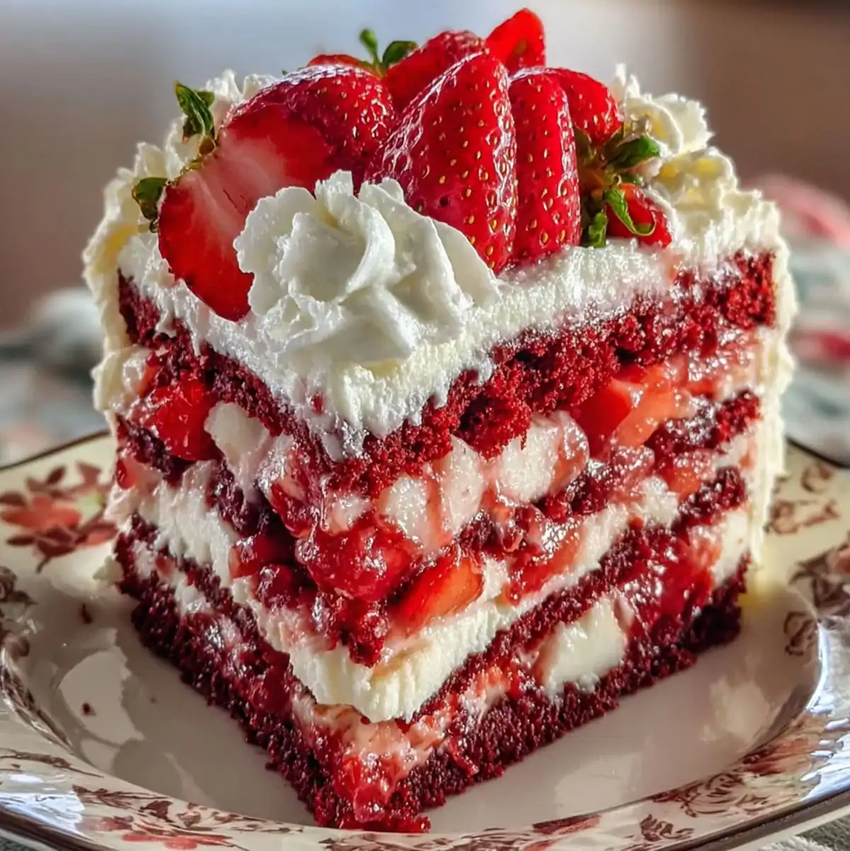 Strawberry Earthquake Cake – Easy Dessert Recipe 61 Slice of homemade strawberry earthquake cake with red velvet layers, cream cheese filling, and fresh strawberries on top.