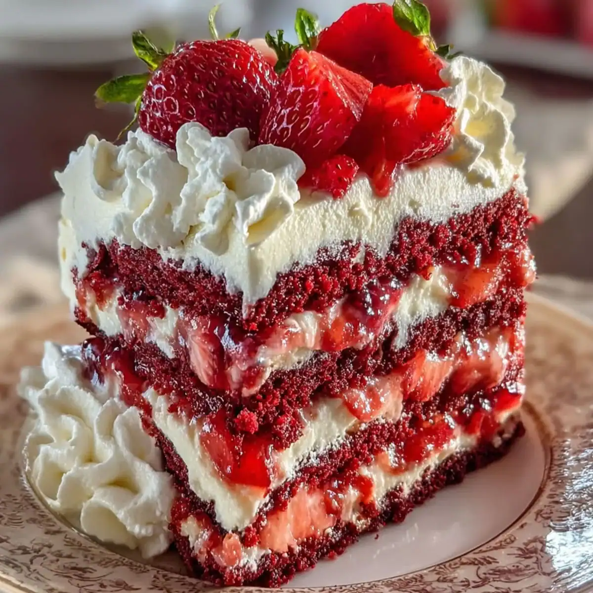 Easy strawberry earthquake cake recipe with whipped cream, strawberry preserves, and red velvet layers served on a plate.