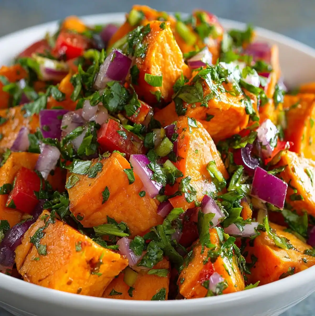 How to Boil Sweet Potatoes: The Complete Guide 3 Sweet potato salad with red onion, bell pepper, and fresh herbs