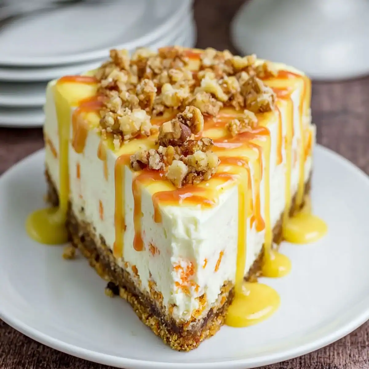 Slice of carrot cake cheesecake with walnuts and caramel drizzle