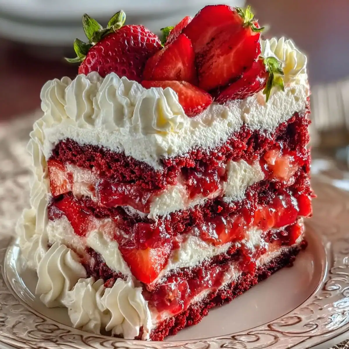 Strawberry Earthquake Cake – Easy Dessert Recipe 60 Moist strawberry earthquake cake with multiple red velvet layers, cream filling, and strawberry garnish.