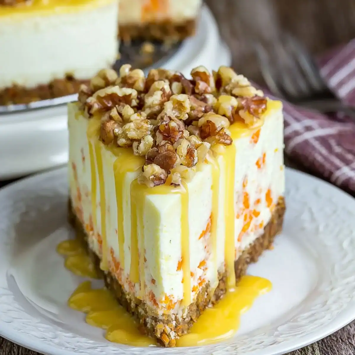 Carrot Cake Cheesecake – Easy Dessert Idea 83 Homemade carrot cake cheesecake served on a white plate