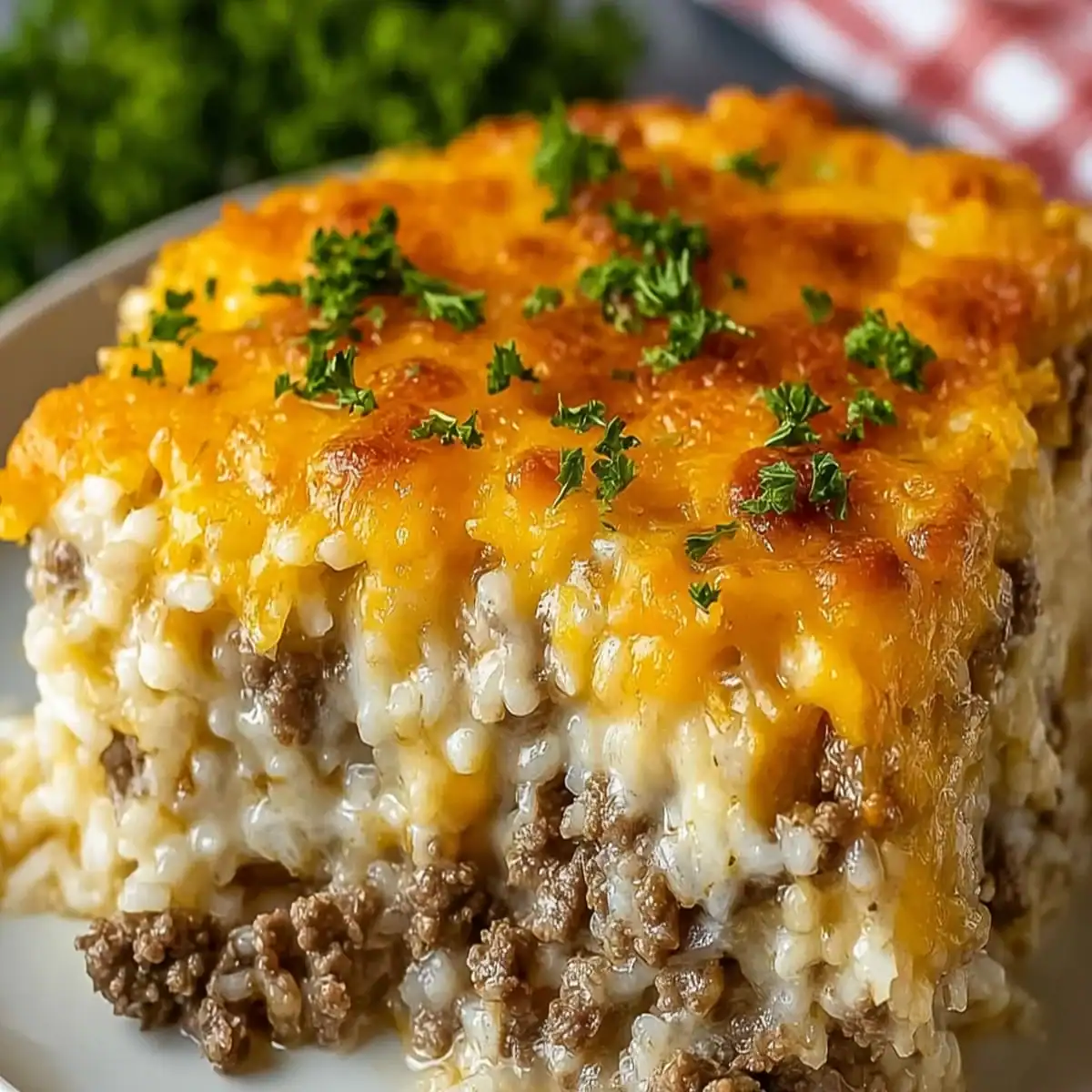 Close-up of ground beef and rice casserole with bubbling cheese and herbs on top.