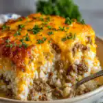 Ground beef and rice casserole with melted cheddar cheese topping, served hot on a plate.