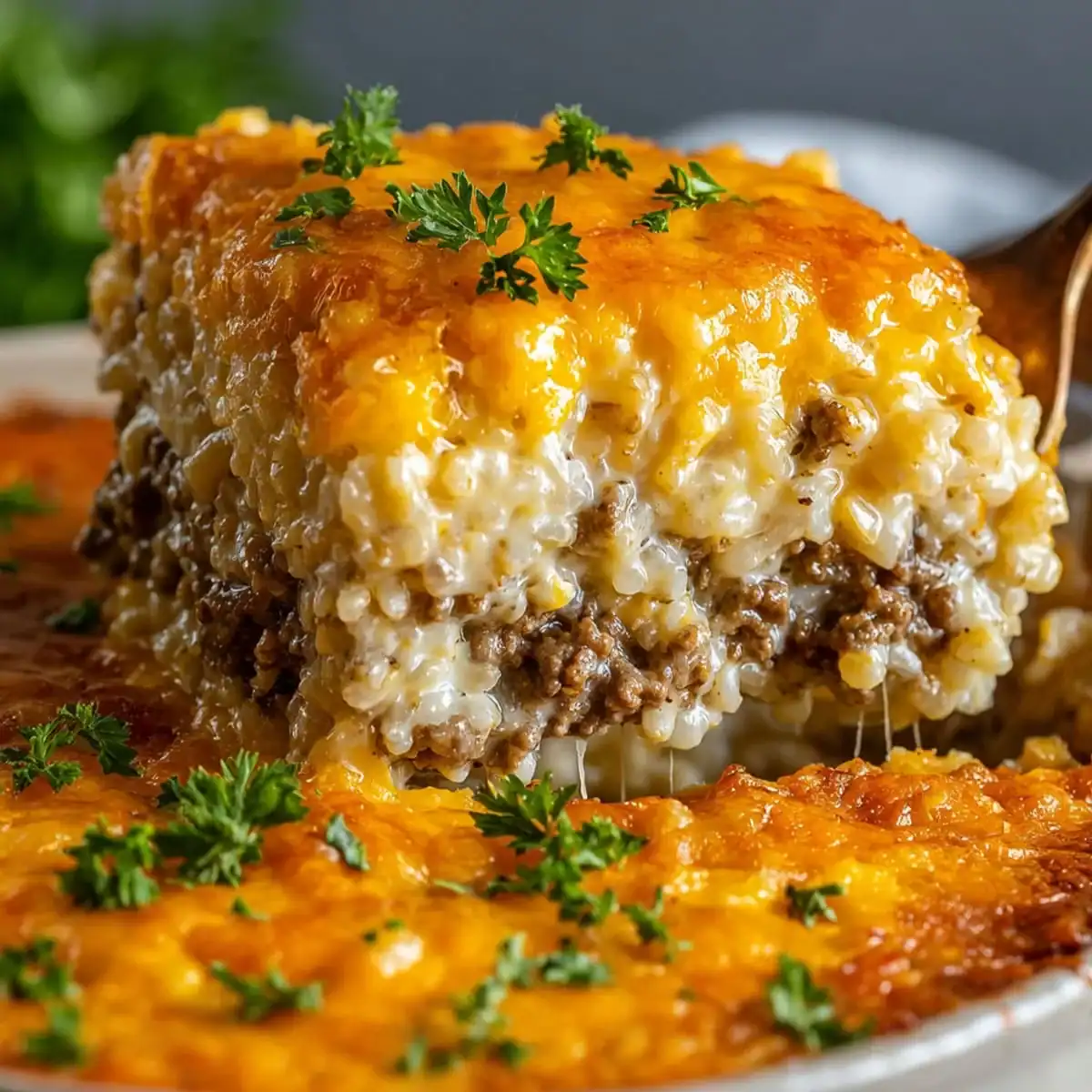 Baked ground beef and rice casserole cut into a square and ready to serve with a spoon.