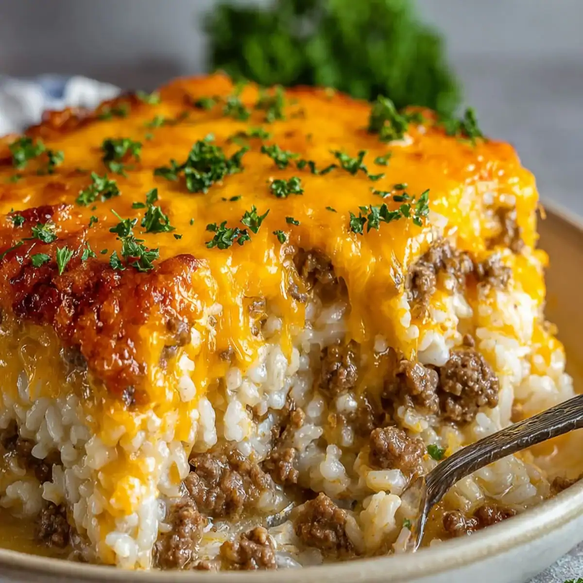 Ground beef and rice casserole with melted cheddar cheese topping, served hot on a plate.