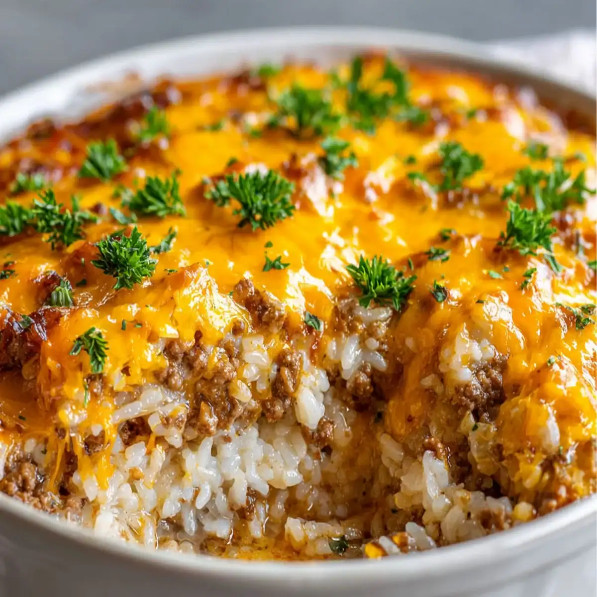 Ground beef and rice casserole in a baking dish with golden melted cheese and parsley garnish.
