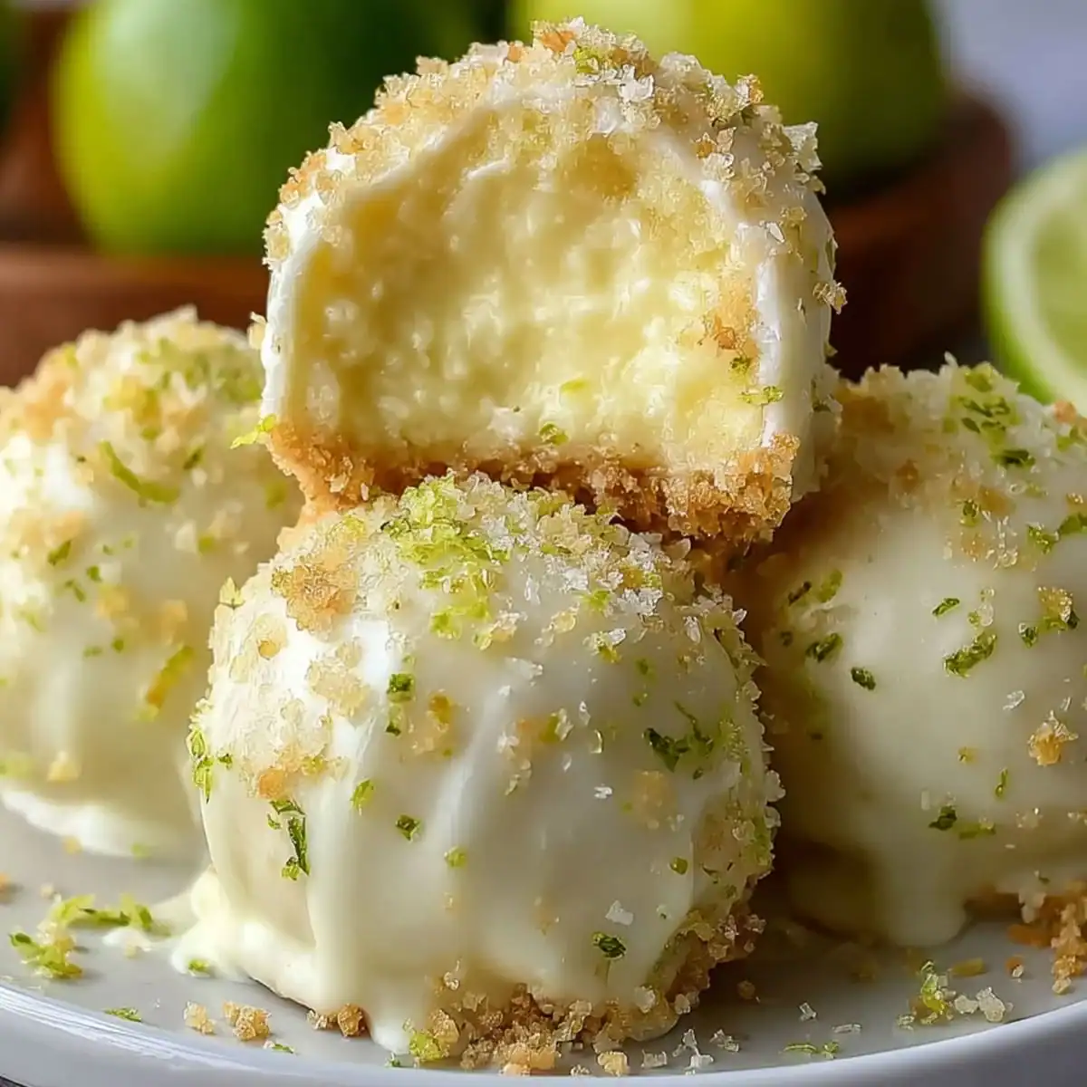 Key Lime Truffles – Easy No-Bake Dessert Recipe 58 Stack of key lime truffle balls with vibrant lime zest and crumb topping