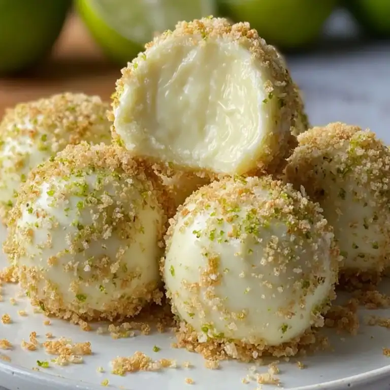 Creamy key lime truffles with graham cracker coating and lime zest, one with bite to show smooth filling