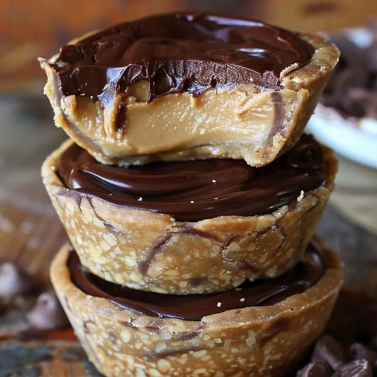 Close-up of a stacked mini chocolate peanut butter pie with rich ganache and creamy peanut butter filling.