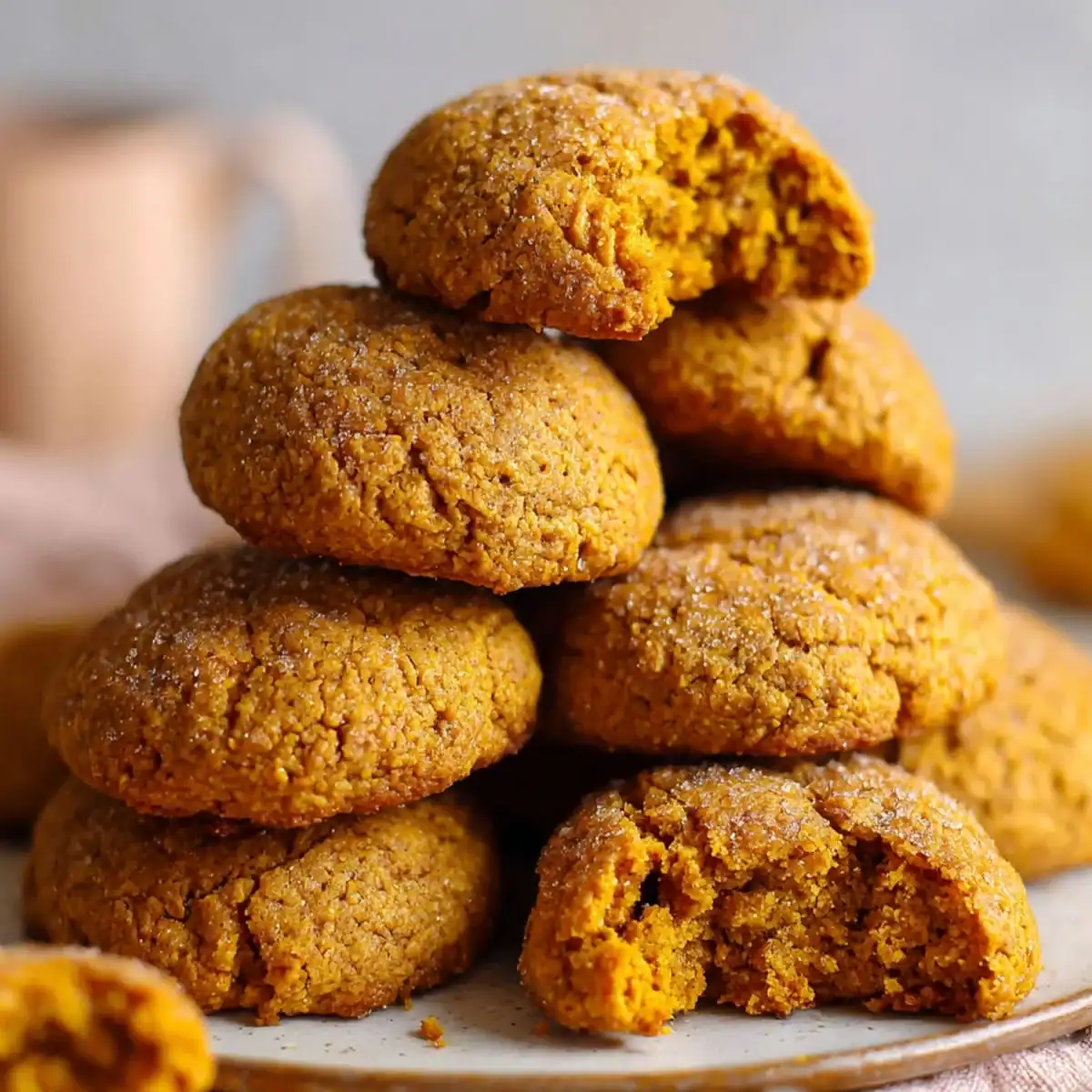 Soft pumpkin cookies stacked high with a sugar-dusted top, golden and chewy inside.