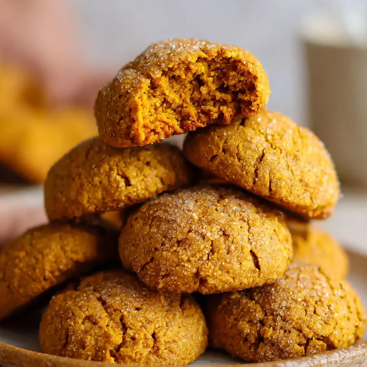 Chewy gluten-free pumpkin cookies stacked on a plate, rolled in coarse sugar with a soft, golden center.