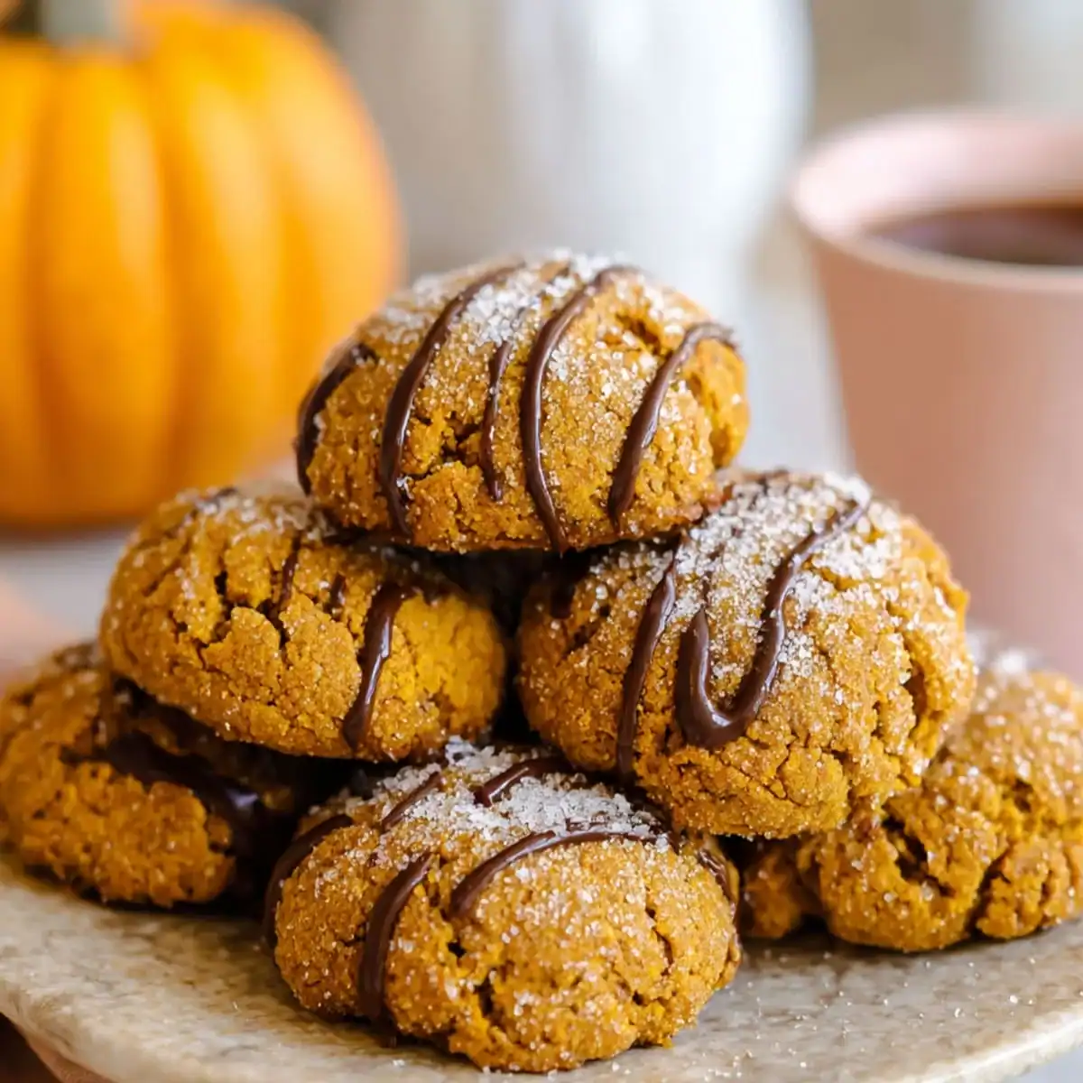 Healthy almond flour pumpkin cookies rolled in coarse sugar, with a soft bite revealing the moist interior.