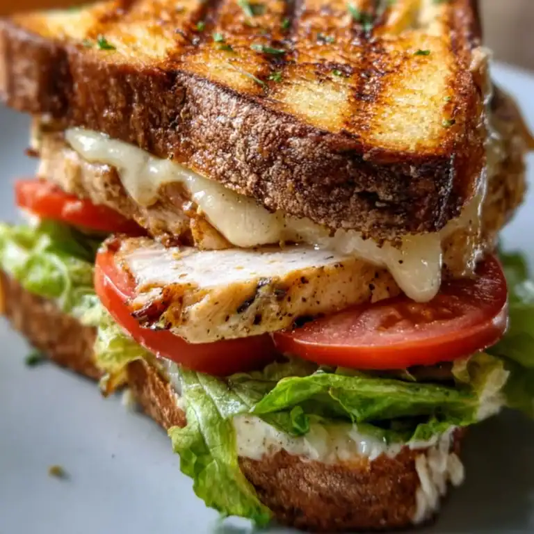 Grilled chicken sandwich with melted cheese, garlic butter toast, lettuce, and tomato