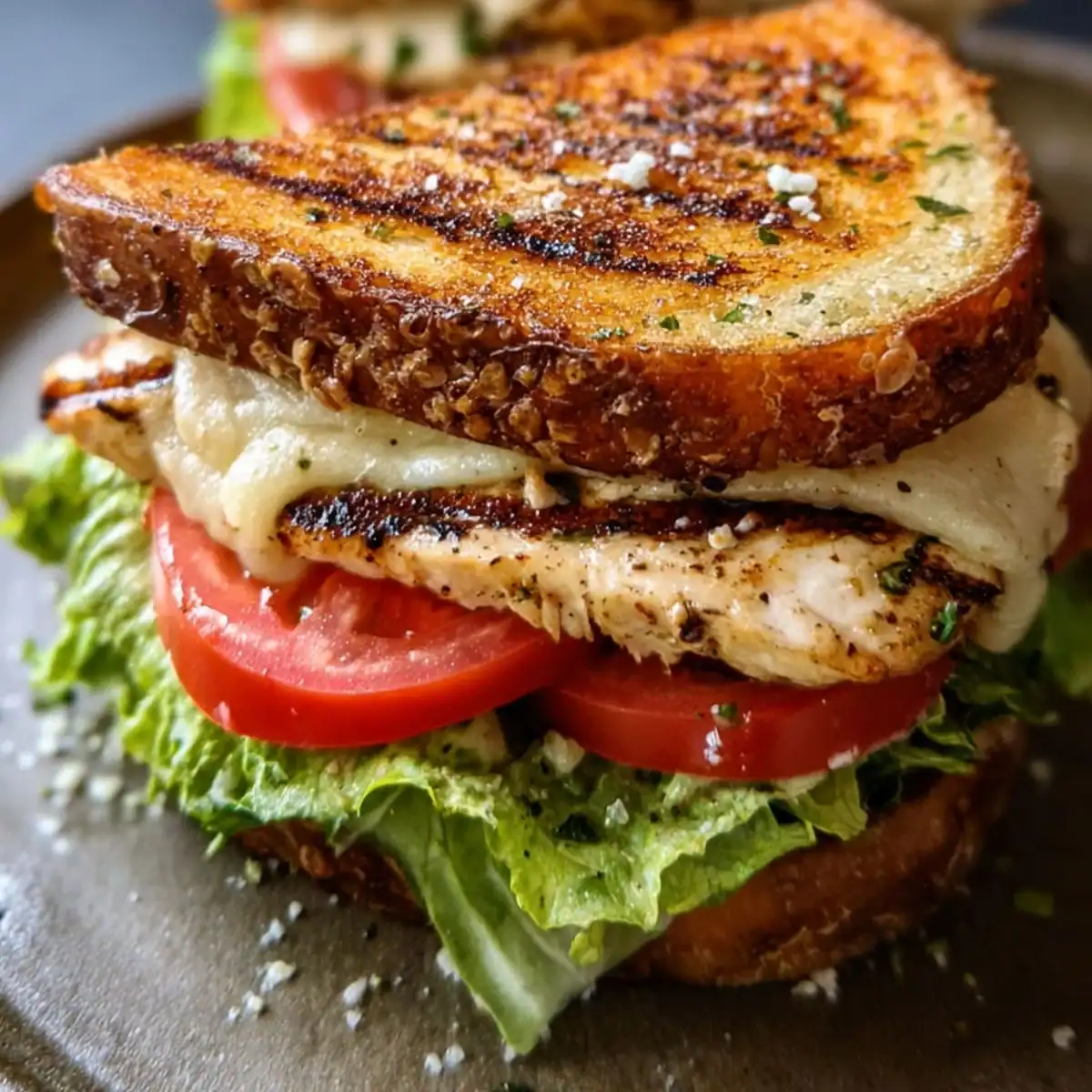 Irresistible Grilled Chicken Sandwich Everyone Will Love 57 Close-up of juicy grilled chicken sandwich with melted cheese, tomato, and lettuce on toasted bread