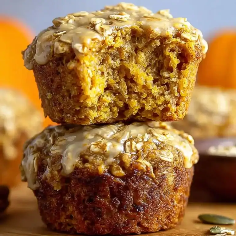 Pumpkin oat muffins topped with glaze and oats.
