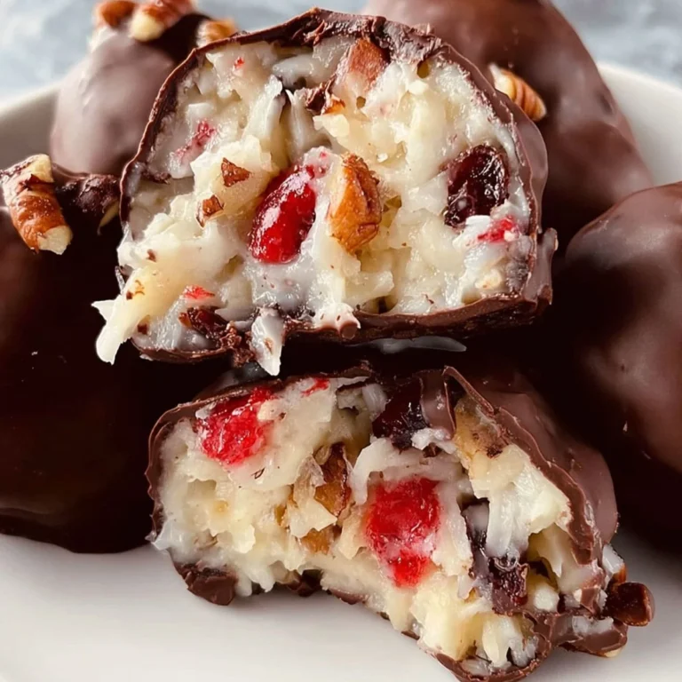 Martha Washington Candy with coconut, cherries, and pecans coated in rich chocolate.