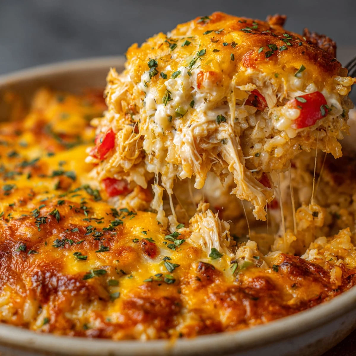 Tex-Mex style Chicken Fajita Casserole served with rice, peppers, and melted cheese in a white baking dish.