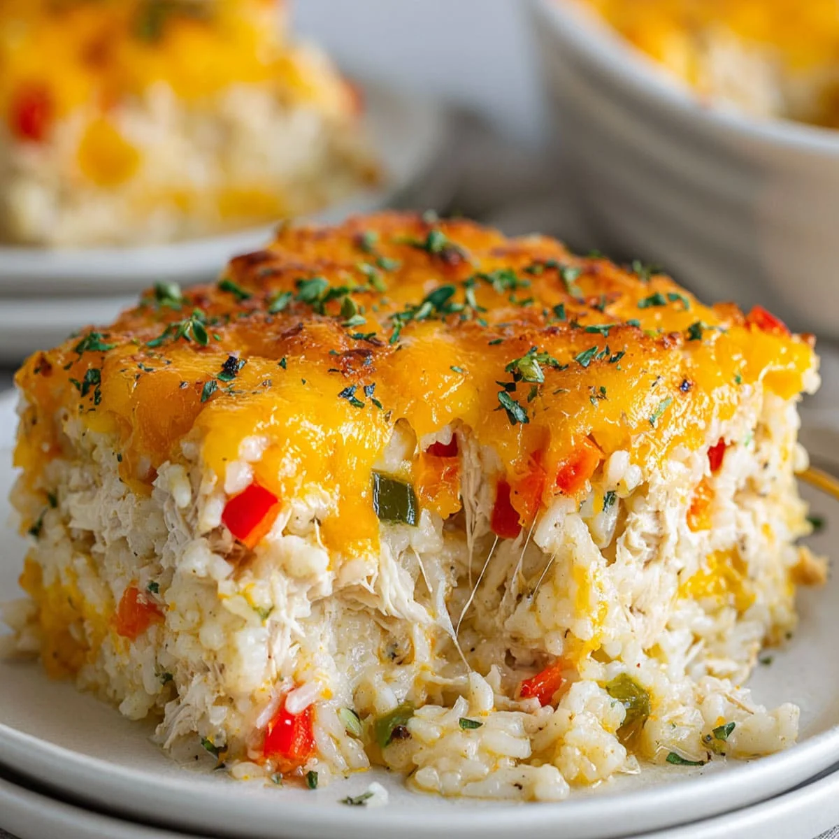 A serving of Chicken Fajita Casserole showing shredded chicken, rice, and colorful peppers under melted cheese.