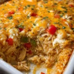 Cheesy Chicken Fajita Casserole baked with rice, peppers, and melted Mexican cheese.
