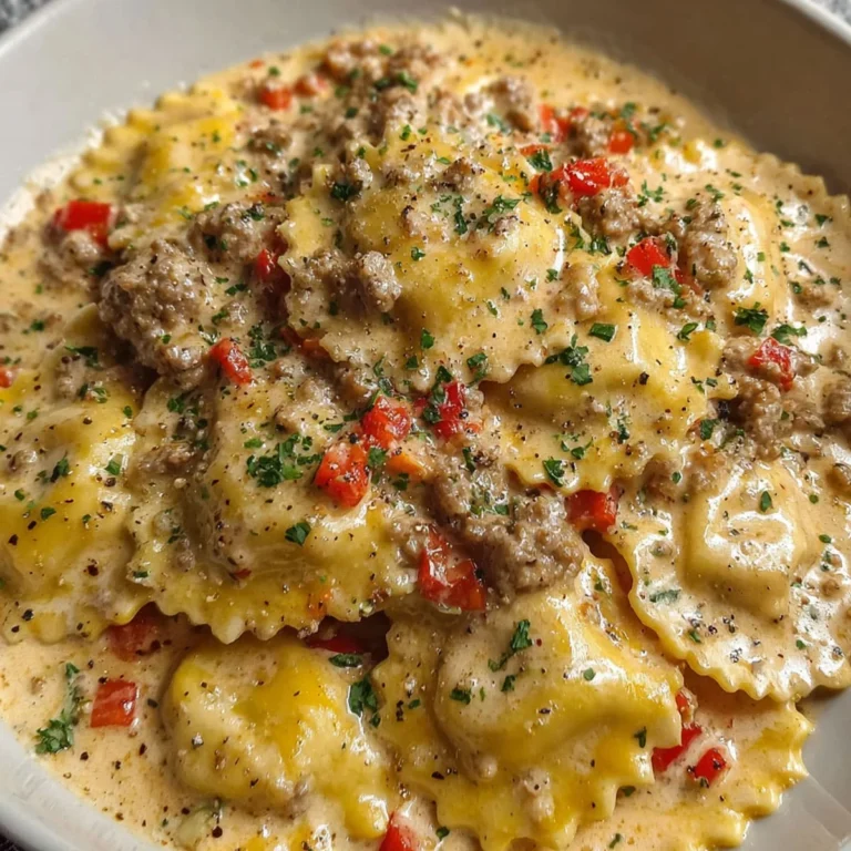Creamy Cajun Sausage Ravioli with spicy Italian sausage and red bell peppers in a rich Parmesan cream sauce