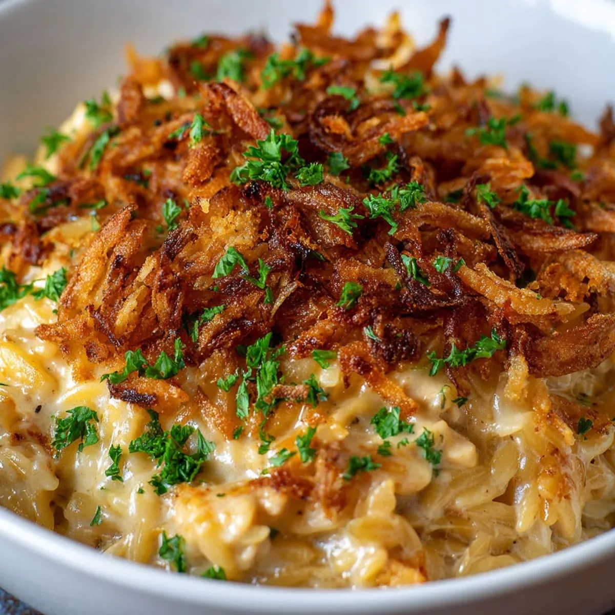30-Minute French Onion Chicken 70 Creamy French Onion Chicken topped with crispy fried onions and fresh parsley in a white bowl