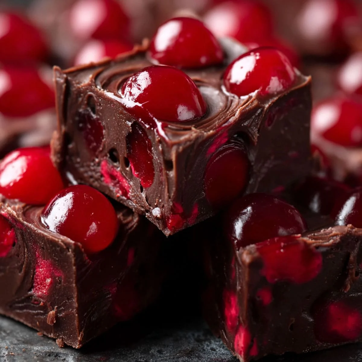 Halloween Dracula Dark Cherry Fudge 2 Gothic-style Halloween Dracula Dark Cherry Fudge squares with vibrant cherry bites.