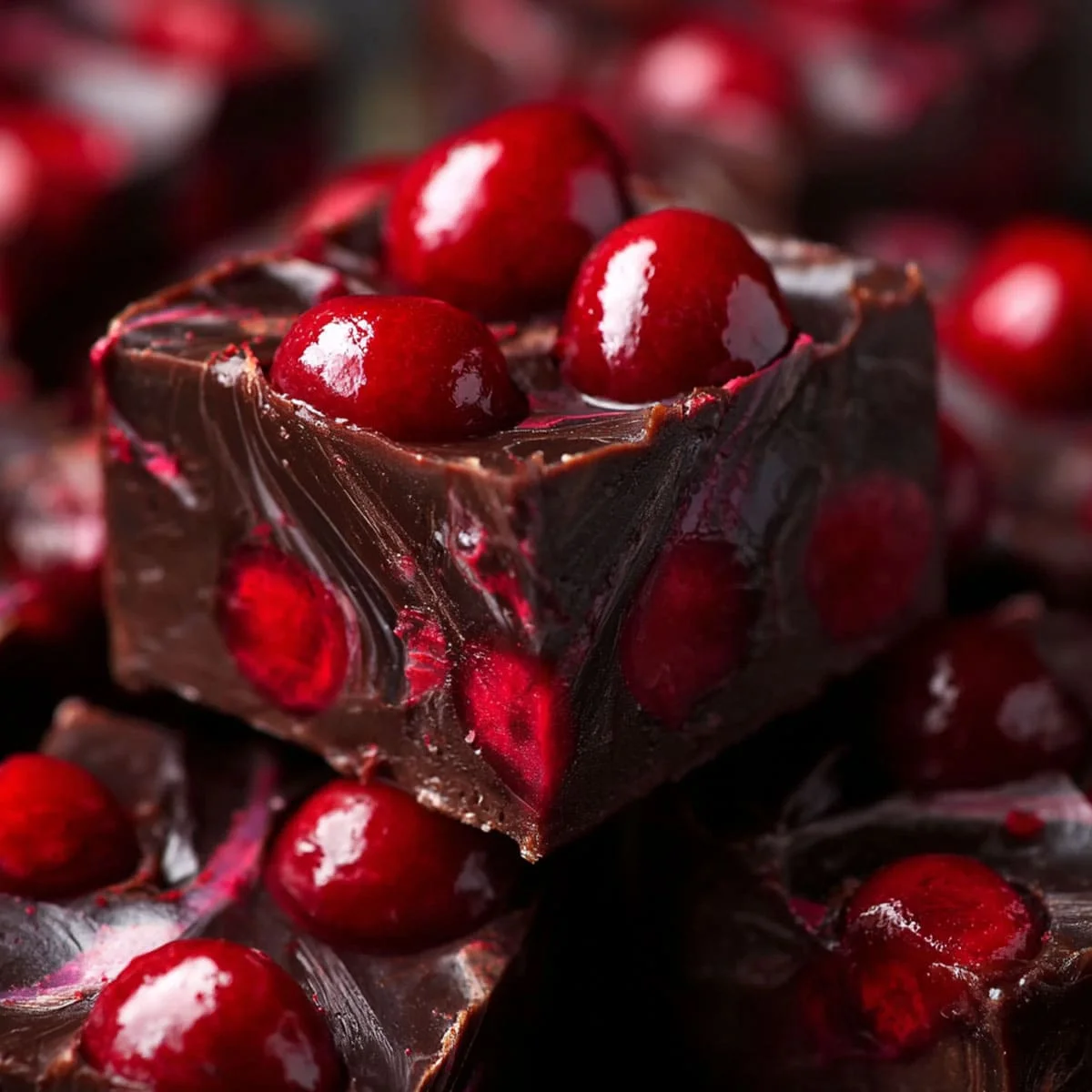 Halloween Dracula Dark Cherry Fudge 1 Halloween Dracula Dark Cherry Fudge topped with glossy maraschino cherries and blood-red swirls.