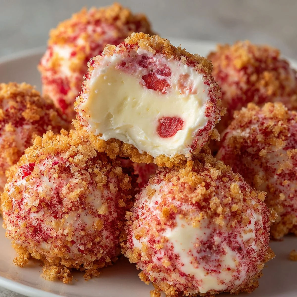 Strawberry crunch truffles with a soft white center on a dessert plate, showing the smooth cheesecake filling inside.