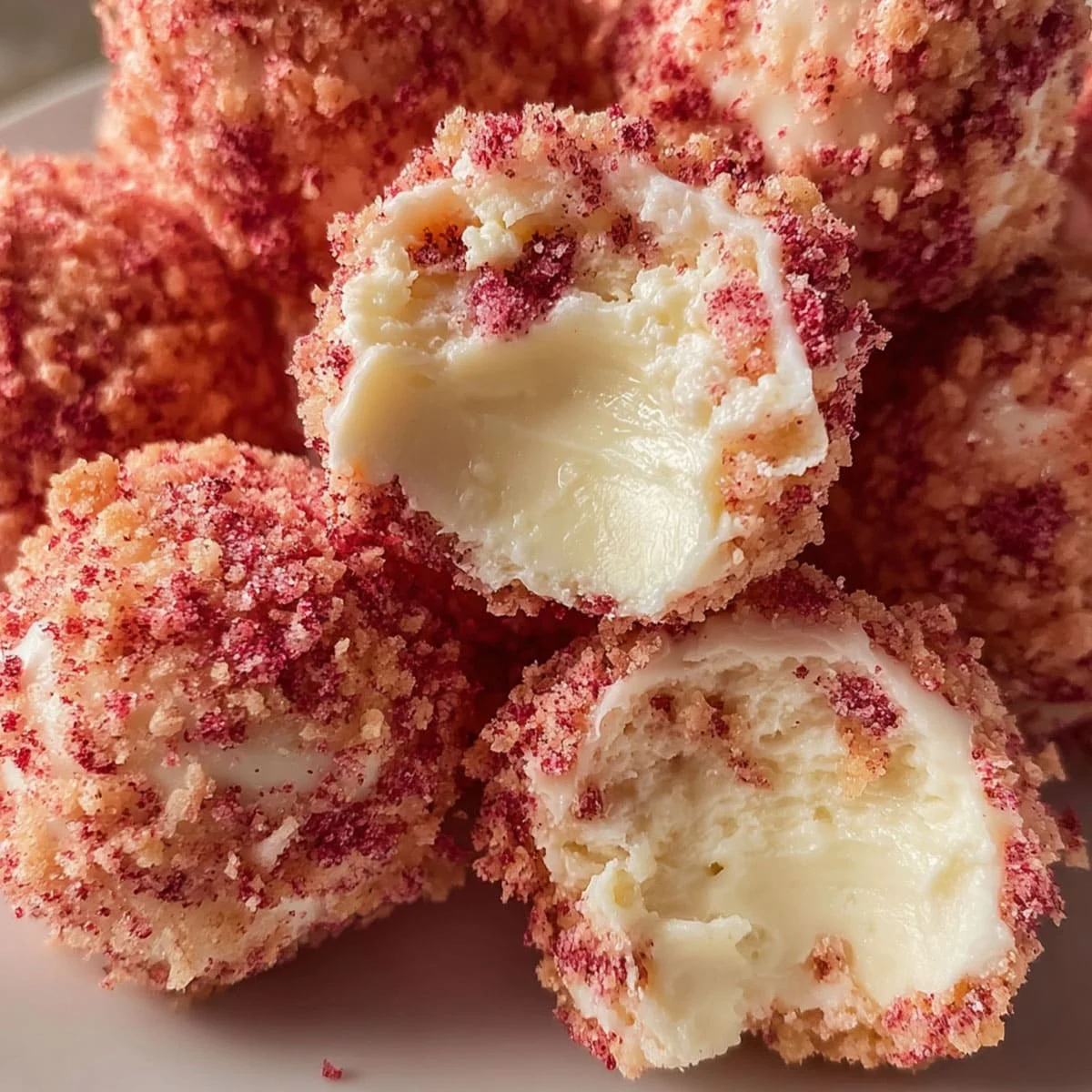 Stack of homemade no-bake strawberry cheesecake bites coated in pink and golden crumb topping.