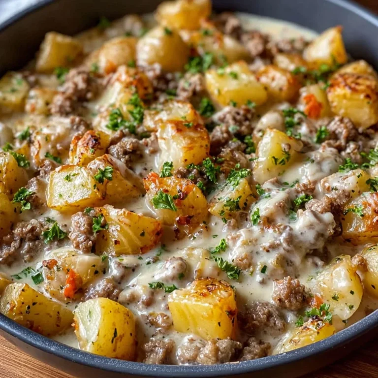 One-pan creamy meat and potato skillet in a cast iron pan