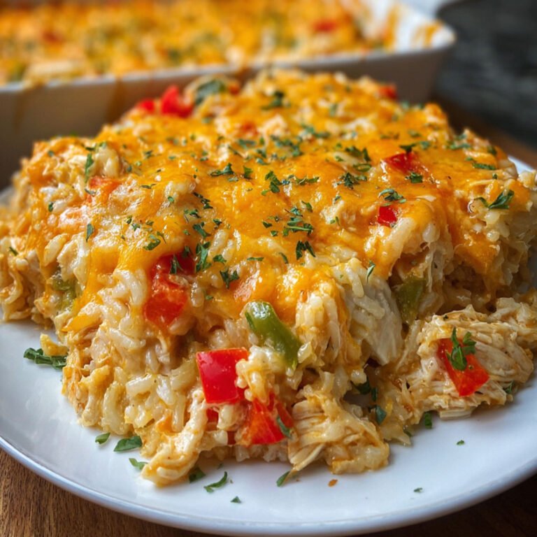 Tex-Mex style Chicken Fajita Casserole served with rice, peppers, and melted cheese in a white baking dish.
