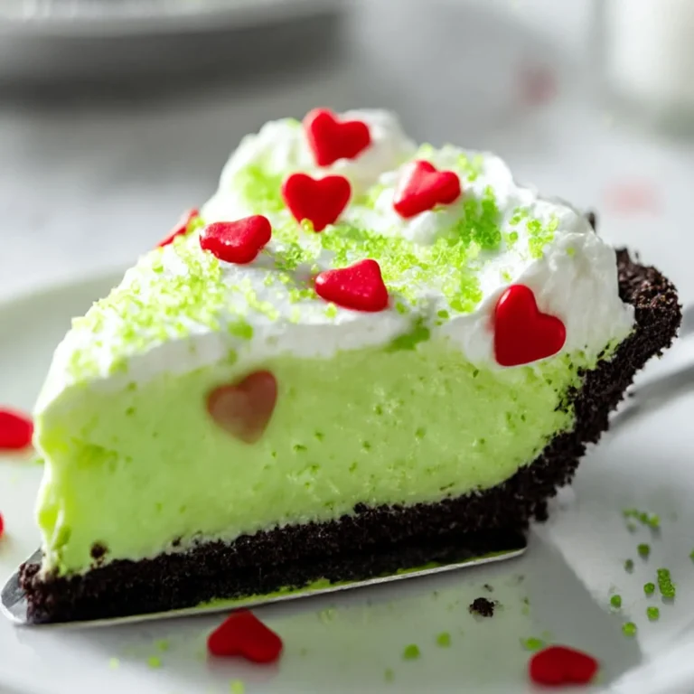 No bake Grinch pie slice with Oreo crust and heart sprinkles