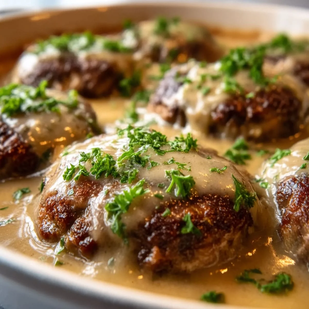 Amish Hamburger Steak Bake in a Dutch oven with bubbling cream gravy