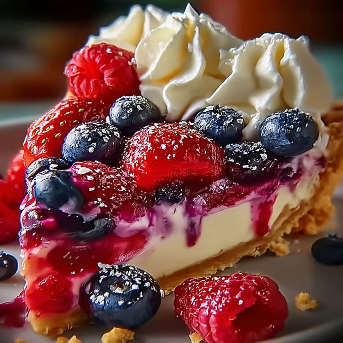Berry cheesecake slice on a dessert plate topped with glossy fresh raspberries and blueberries