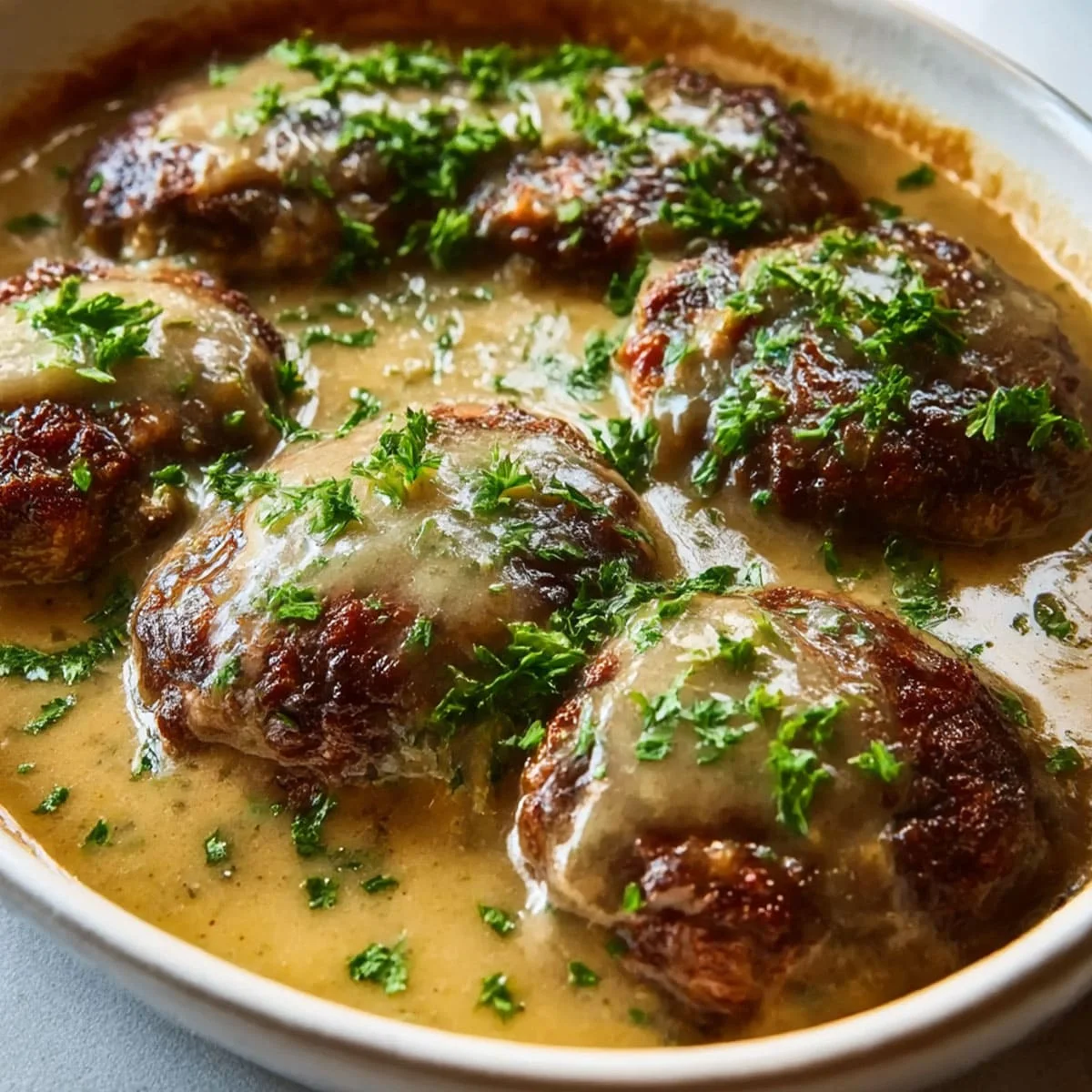 Amish Hamburger Steak Bake – Comfort Food Dinner Idea 77 Close-up of Amish Hamburger Steak Bake smothered in creamy gravy and fresh parsley