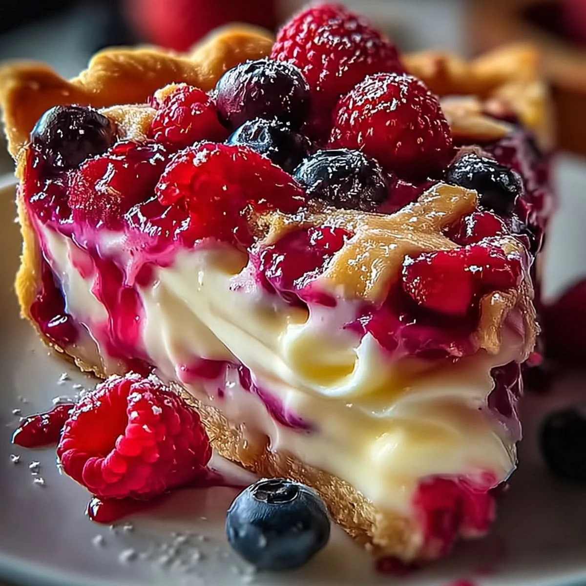 Berry cheesecake slice served on a white plate with berry sauce drizzle