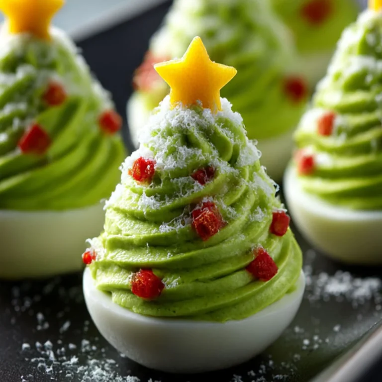: Deviled Egg Christmas Trees with snowy parmesan and red pepper ornaments