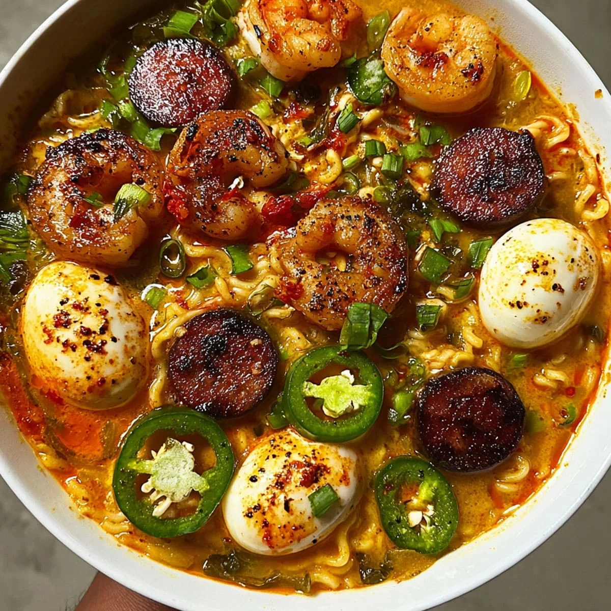 Bowl of spicy jalapeño cheddar sausage & shrimp ramen with scattered peppers and herbs.