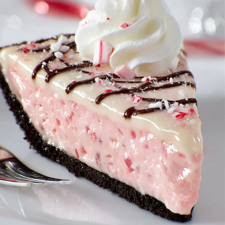 Close-up of a slice of Candy Cane Pie with crushed peppermint and whipped cream