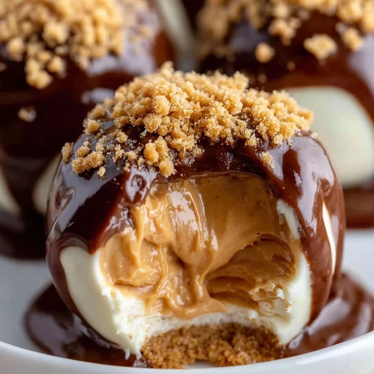 Close-up of no-bake peanut butter cheesecake balls with caramel filling and chocolate drizzle