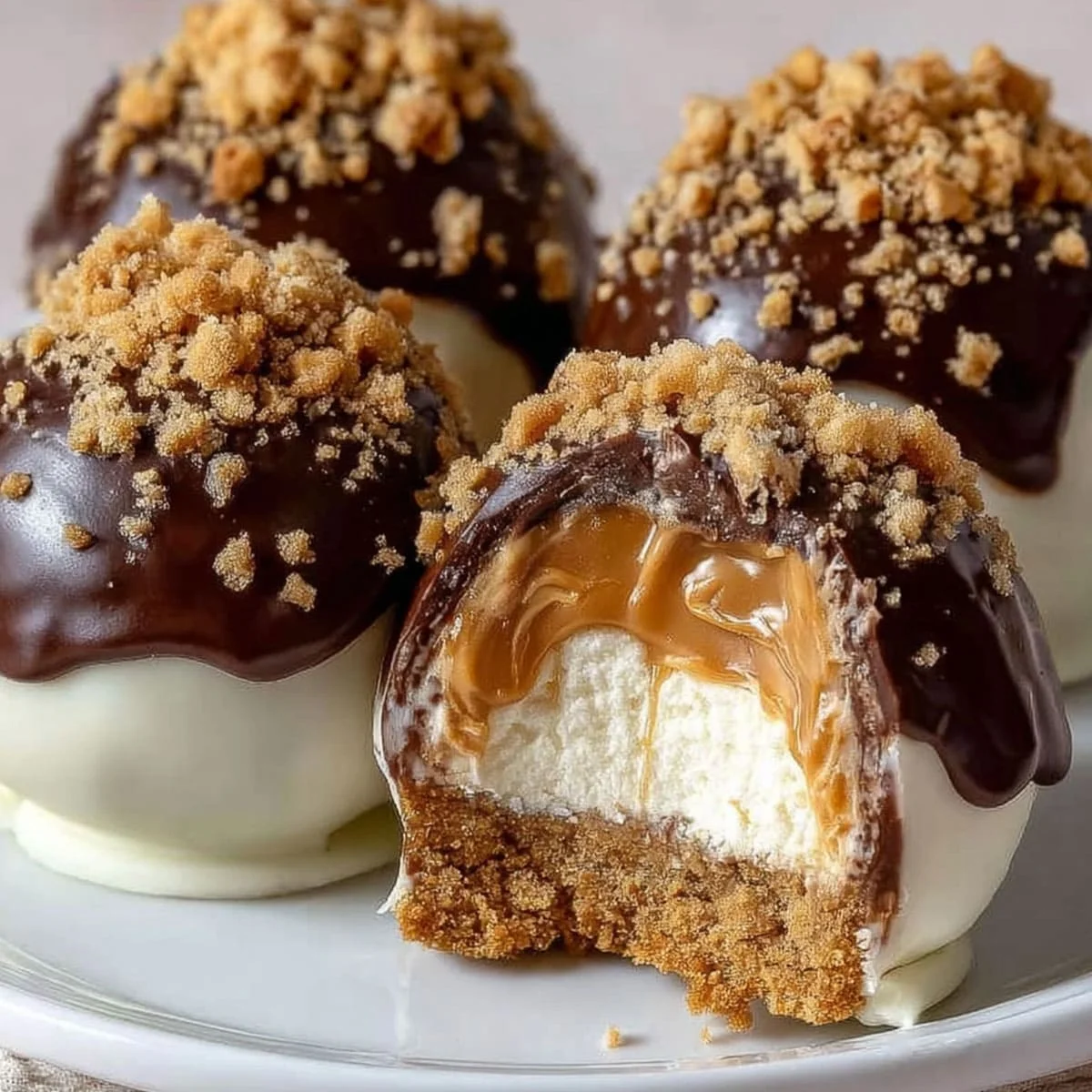 Easy no-bake peanut butter cheesecake balls arranged on a dessert plate