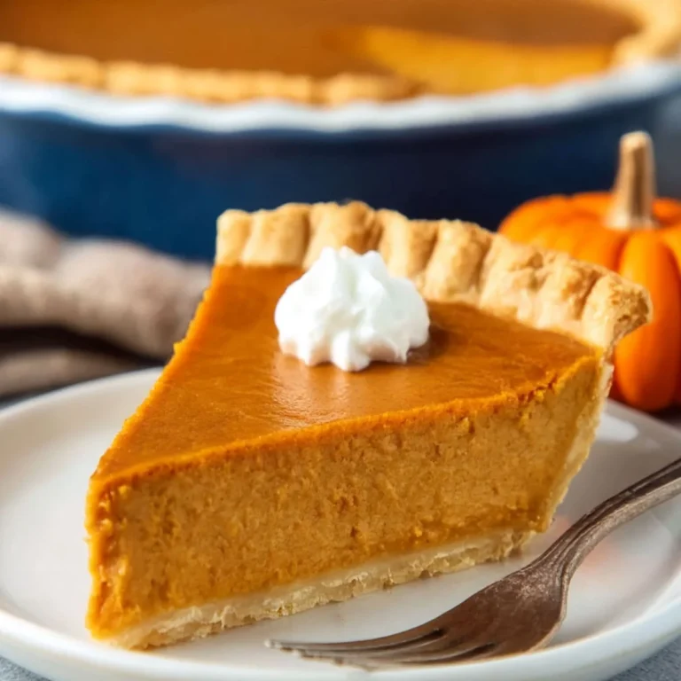 Pumpkin pie slice on ceramic plate with whipped cream