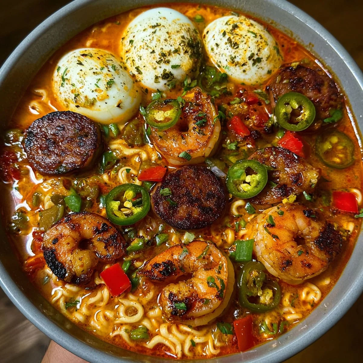 Spicy Jalapeño Cheddar Sausage & Shrimp Ramen 104 Spicy jalapeño cheddar sausage & shrimp ramen topped with jalapeño slices, scallions, and cracked black pepper.