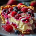 Close-up of creamy berry cheesecake slice with blueberries and raspberries on a graham crust