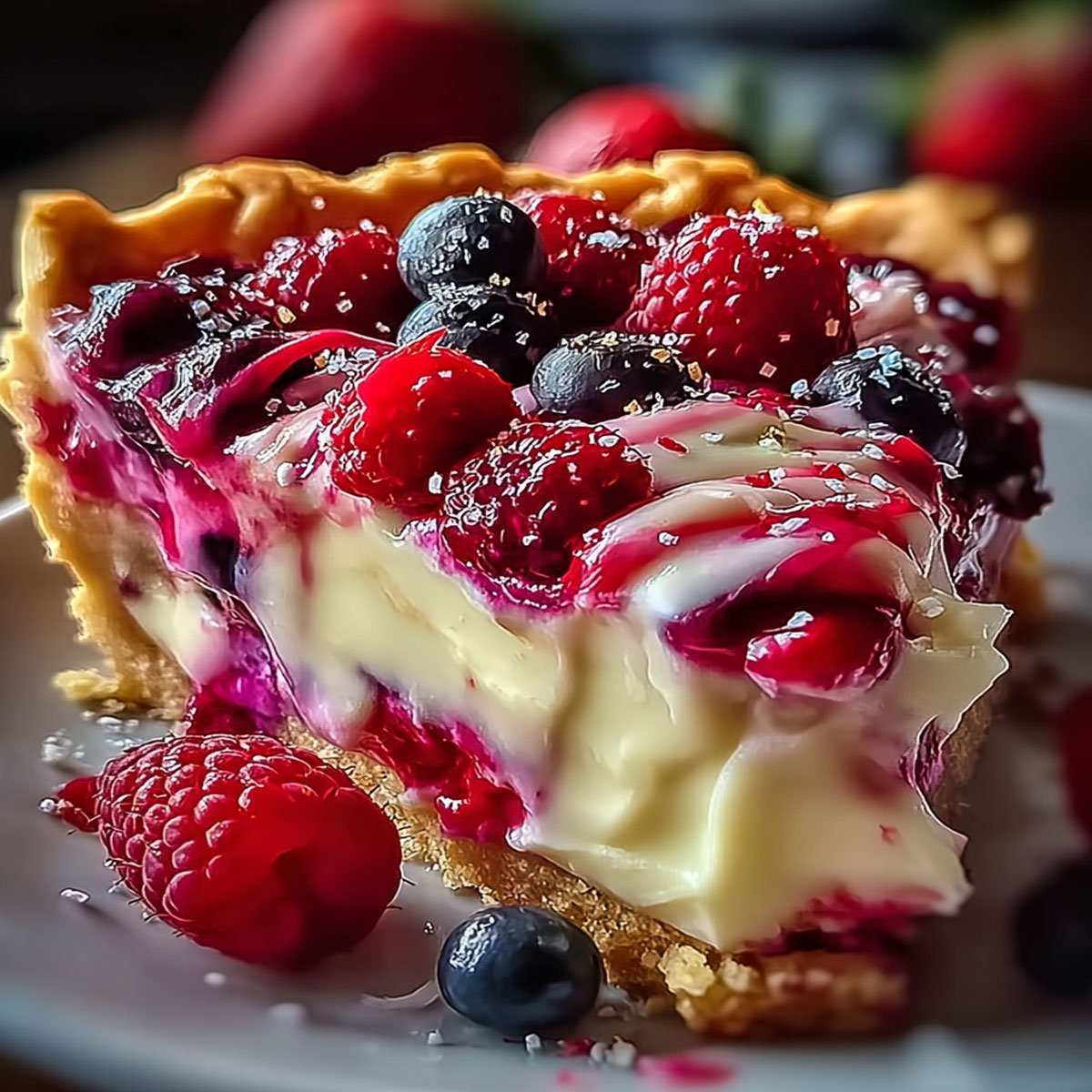 Close-up of creamy berry cheesecake slice with blueberries and raspberries on a graham crust