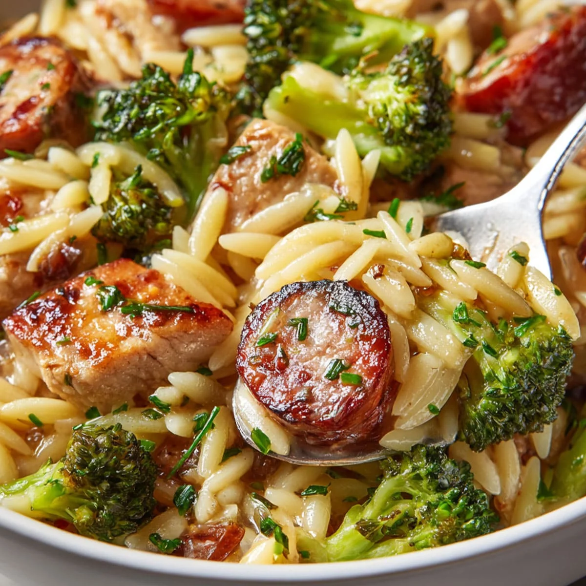 Chicken sausage orzo with broccoli and Parmesan in a creamy sauce