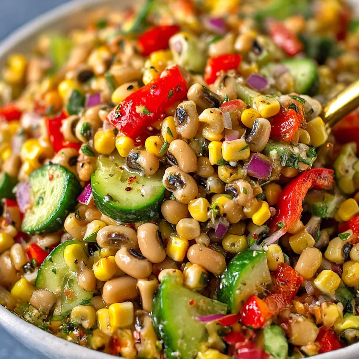 Healthy black eyed pea salad served in a bowl with colorful diced vegetables