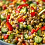 Fresh black eyed pea salad with cucumbers, corn, and bell peppers in a lemon vinaigrette